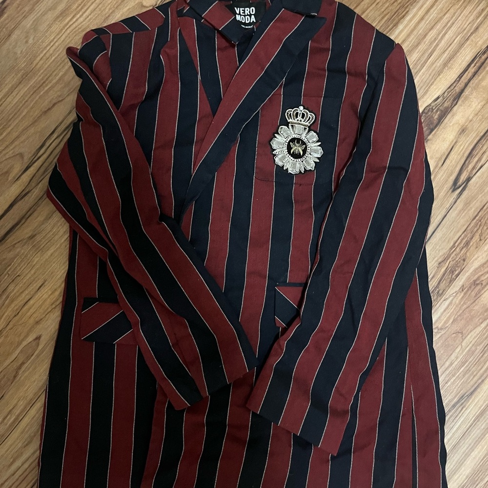 Preppy Vero Moda Red and Black Striped Blazer with Crest